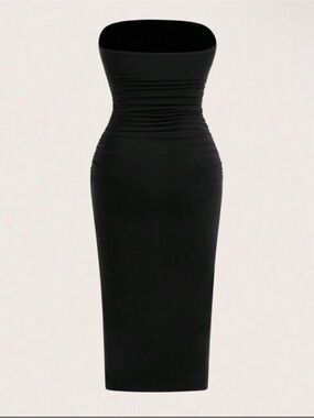 SHEIN Black Strapless Ruched Bodycon Midi Dress
